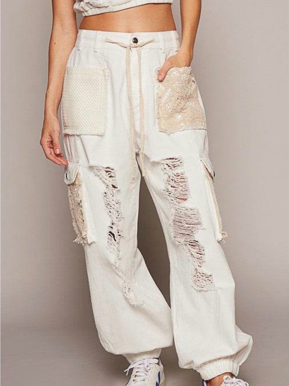 POL Cream Distressed Cargo Joggers with Patch Pockets